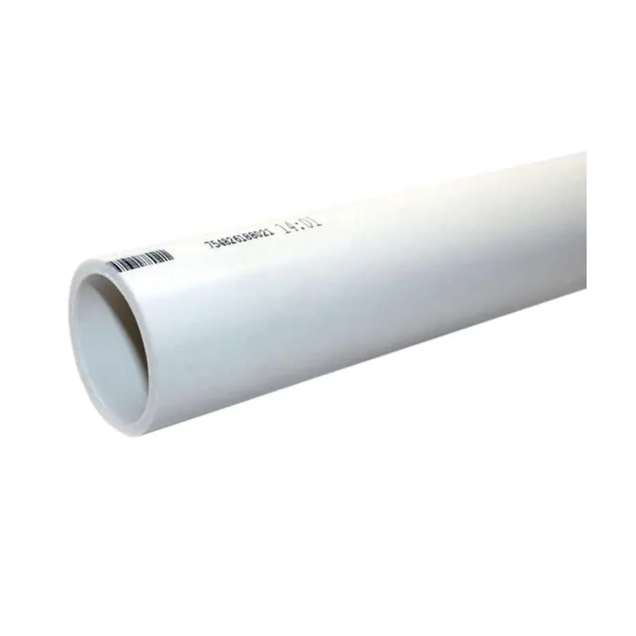 A 3/4 in. x 10 ft. Schedule 40 Plain End PVC pipe by Go Build, The Fastest Way To Build, with a smooth white surface and barcode near one end, set against a plain white background. Suitable for potable water use.